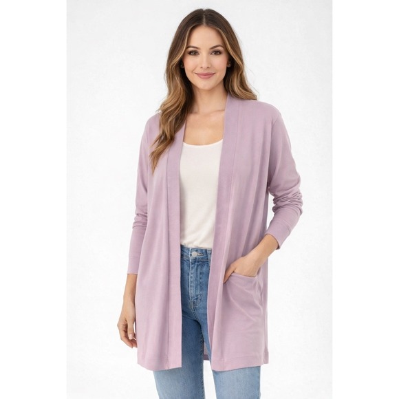PBX Pro Sweaters - PBX Pro Lavender Fleece Lined Open Front Cardigan Pockets Purple L Chic 101-31